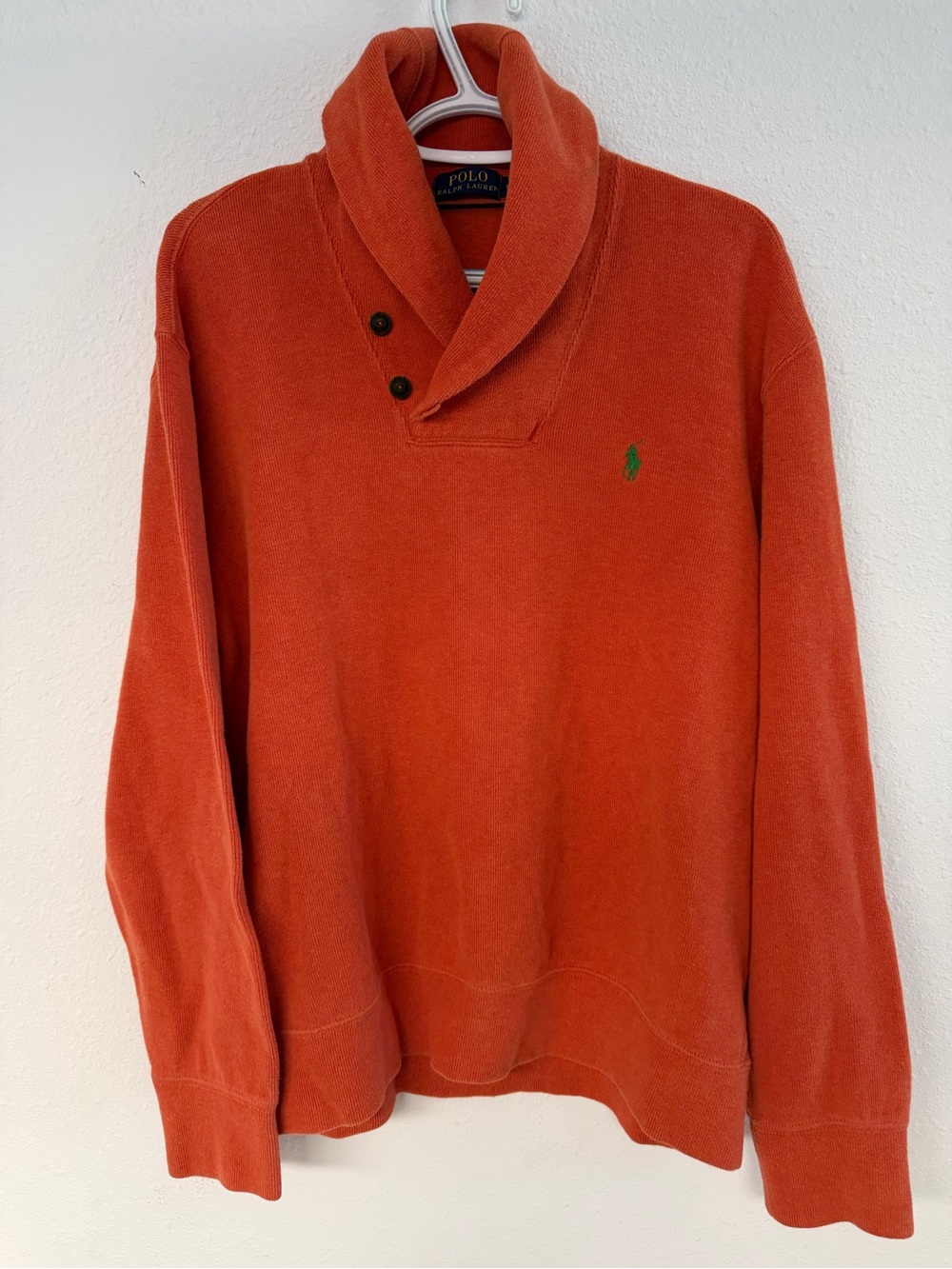 Ralph Lauren Men's Orange Shawl-Collar Sweater with Green Polo Logo